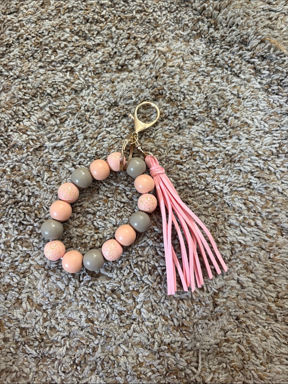 Amazon Pink and Gray Beaded Tassel Key Ring with Gold Hardware
